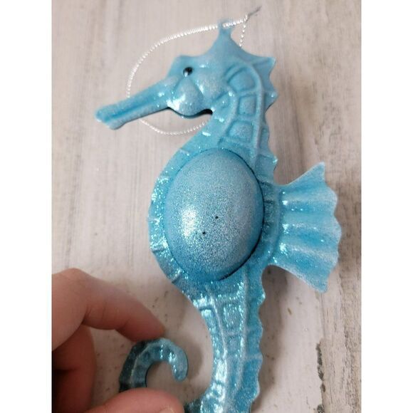Metal Glitter blue seahorse bell ornament Xmas decor ocean beach - Picture 2 of 5